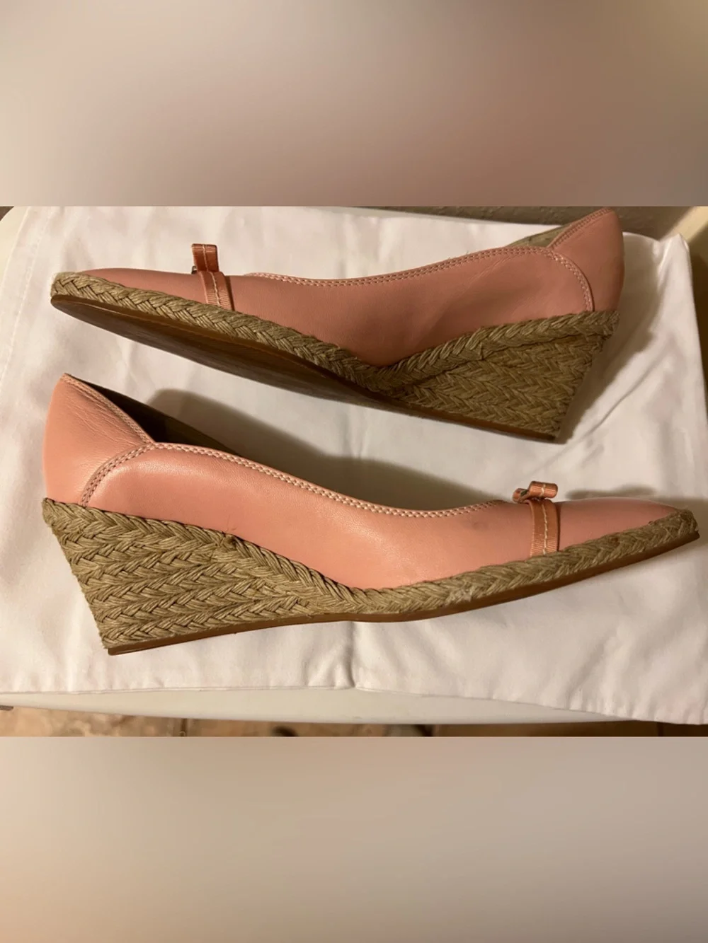 Salvatore Ferragamo 7 1/2 C  Pink Leather Bow Espadrille Wedges Shoes Pumps - Picture 8 of 13